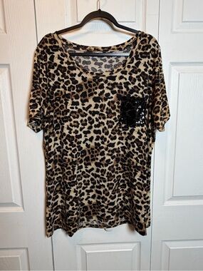 Cheekys Leopard Print Sequin Pocket Short Sleeve Top XXL